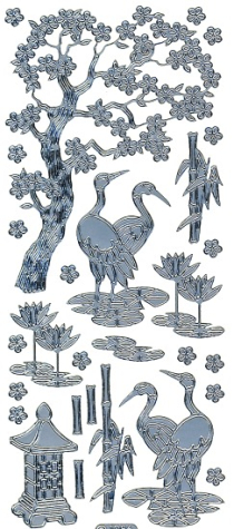 Sticker Kranich, Baum, Seerosen - 1086 - silber <br>1 Bogen 10x23 cm