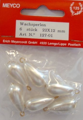 Wachsperlen Tropfen 22x12mm, ca. 6 Stück - perlweiss