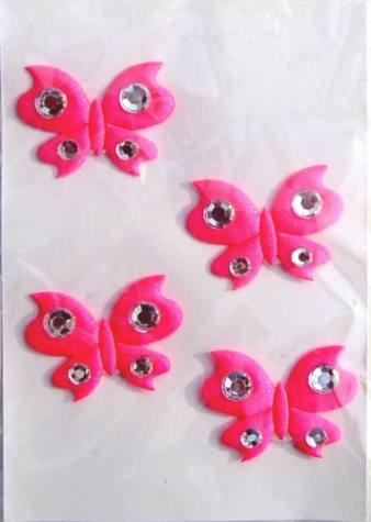 Stoff-Schmetterlinge mit Strass pink <br> 4 Stück, selbstklebend