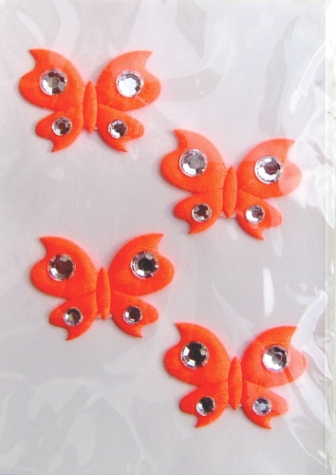 Stoff-Schmetterlinge mit Strass orange <br> 4 Stück, selbstklebend