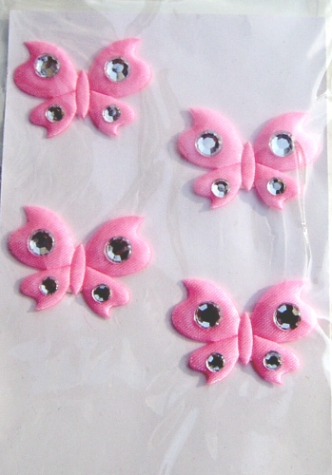 Stoff-Schmetterlinge mit Strass rosa <br> 4 Stück, selbstklebend