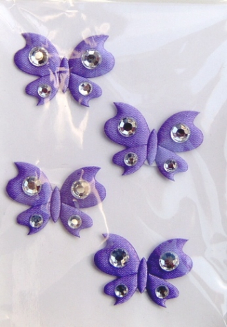 Stoff-Schmetterlinge mit Strass lila <br> 4 Stück, selbstklebend
