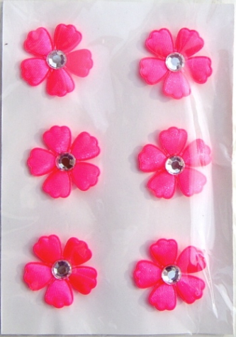 Stoff-Blüten mit Strass pink <br> 6 Stück, selbstklebend