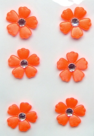 Stoff-Blüten mit Strass orange <br> 6 Stück, selbstklebend