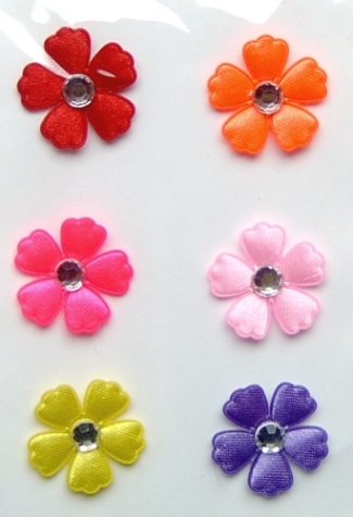 Stoff-Blüten mit Strass bunt <br> 6 Stück, selbstklebend