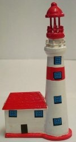 Deko Leuchtturm mit Haus   rot-weiß - 12 cm