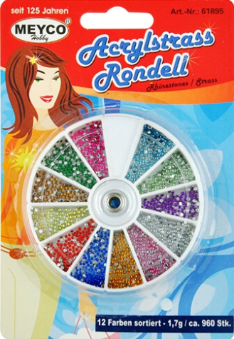 Acryl-Strasssteine im Rondell - rund Ø 1 mm - ca. 960 Stück, 12 Farben sortiert