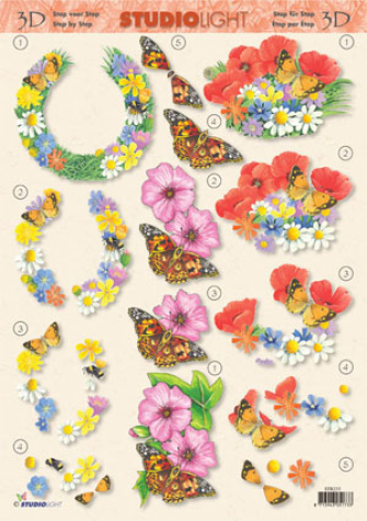 3-D Etappen-Bogen <br> Blumen + Schmetterlinge <br> 1 Bogen 21x29,7cm