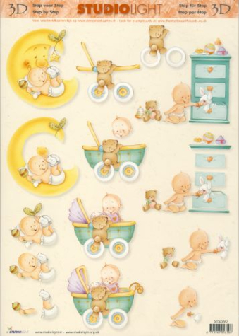 3-D Etappen-Bogen <br> Baby im Kinderwagen, Mond <br> 1 Bogen 21x29,7cm