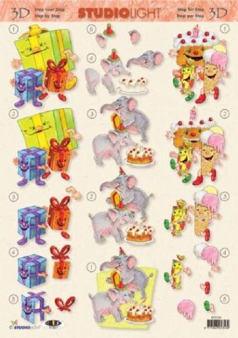 3-D Etappen-Bogen <br> Geburtstagstorte, Eis, Elefanten, Päckchen <br> 1 Bogen 21x29,7cm