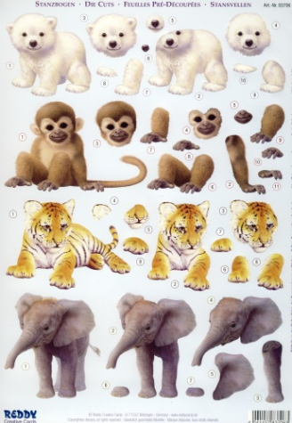 3D StanzbogenReddyCards 83706Tierbabys, Eisbär, Affe, Tiger, Elefant