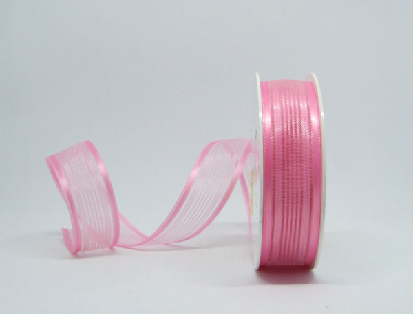 Organzaband "Streifen" - rosa/transparent - 25 mm - 1 Meter